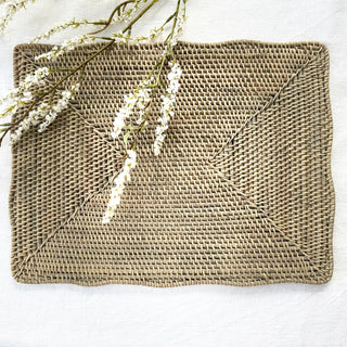 Willa Grey Rattan Rectangular Scalloped Placemats