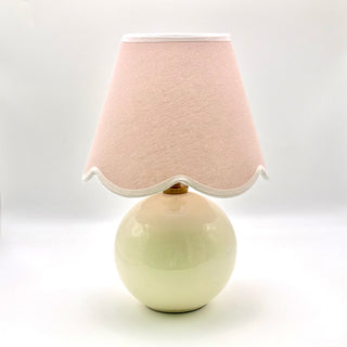 Pandy ceramic cordless lamp with blush woven scalloped edged lampshade
