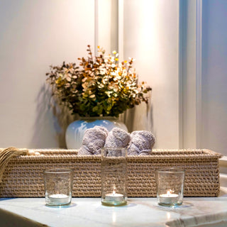 Handwoven weave detail of the Willa Rattan Narrow Display Tray