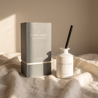 Geranium Sage Signature Reed Diffuser with gift box on ecru linen