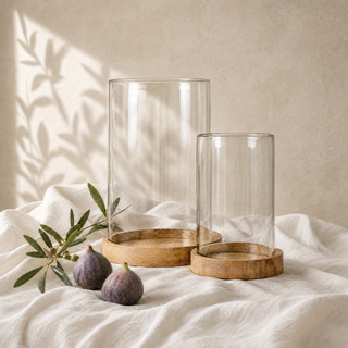 Haven Wood and Glass Candle Holder in mango wood and glass