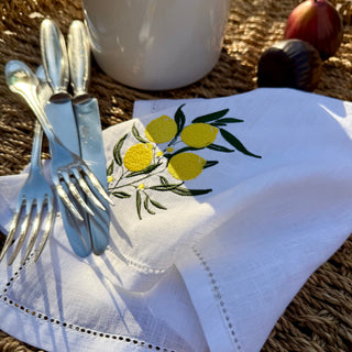 Lemon Embroidered Pure Linen Napkins styled for dining