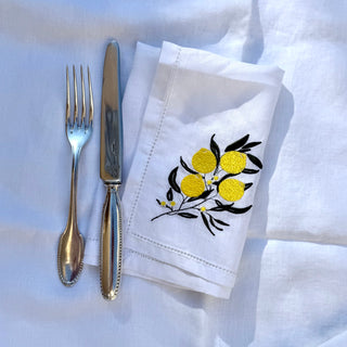 Lemon Embroidered Pure Linen Napkins detail of the embroidery
