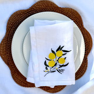 Lemon Embroidered Pure Linen Napkins on a summer table