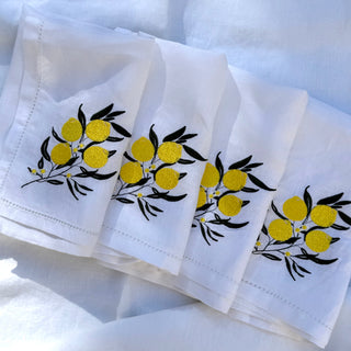 Lemon Embroidered Pure Linen Napkins with embroidered lemon detail