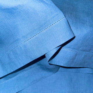 Signature Pure Linen Tablecloth in Amalfi Blue detail of the hemstitch border