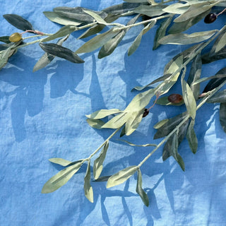 Signature Pure Linen Tablecloth in Amalfi Blue with an olive branch