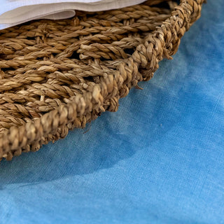 Signature Pure Linen Tablecloth in Amalfi Blue styled with a tray