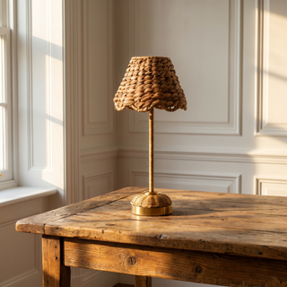 Water Hyacinth Scalloped Edge Lampshade on the Lucia Rattan Cordless Lamp Base