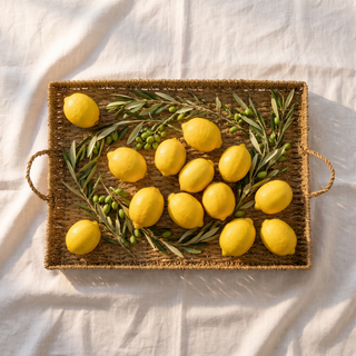 Woven Seagrass Rectangular Tray on white linen with lemons and olive stems